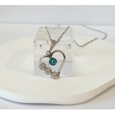 Κολιέ Σε Λευκόχρυσο 14Κ - Καρδιά με 3 λευκά ζιργκον καρδιάς και ένα ματάκι (N253)